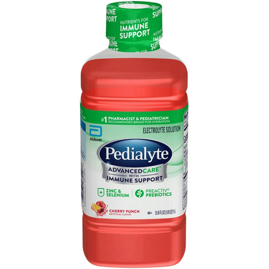Pedialyte Advanced Care Plus Cherry Punch electrolyte hydration drink in a 33.8 fl oz bottle, designed for baby hydration.