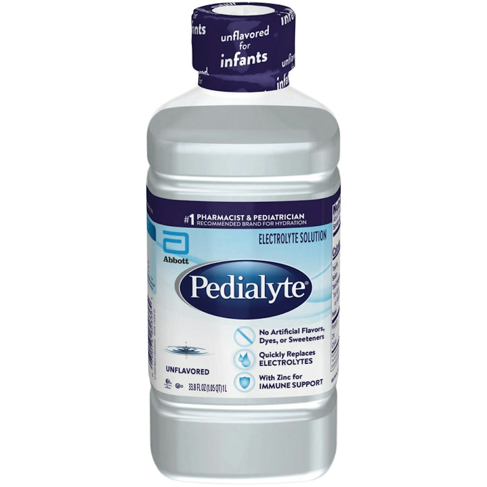 Unflavored Pedialyte electrolyte solution in a 33.8 fl oz bottle, designed for babies, by Pasteur Pharmacy.