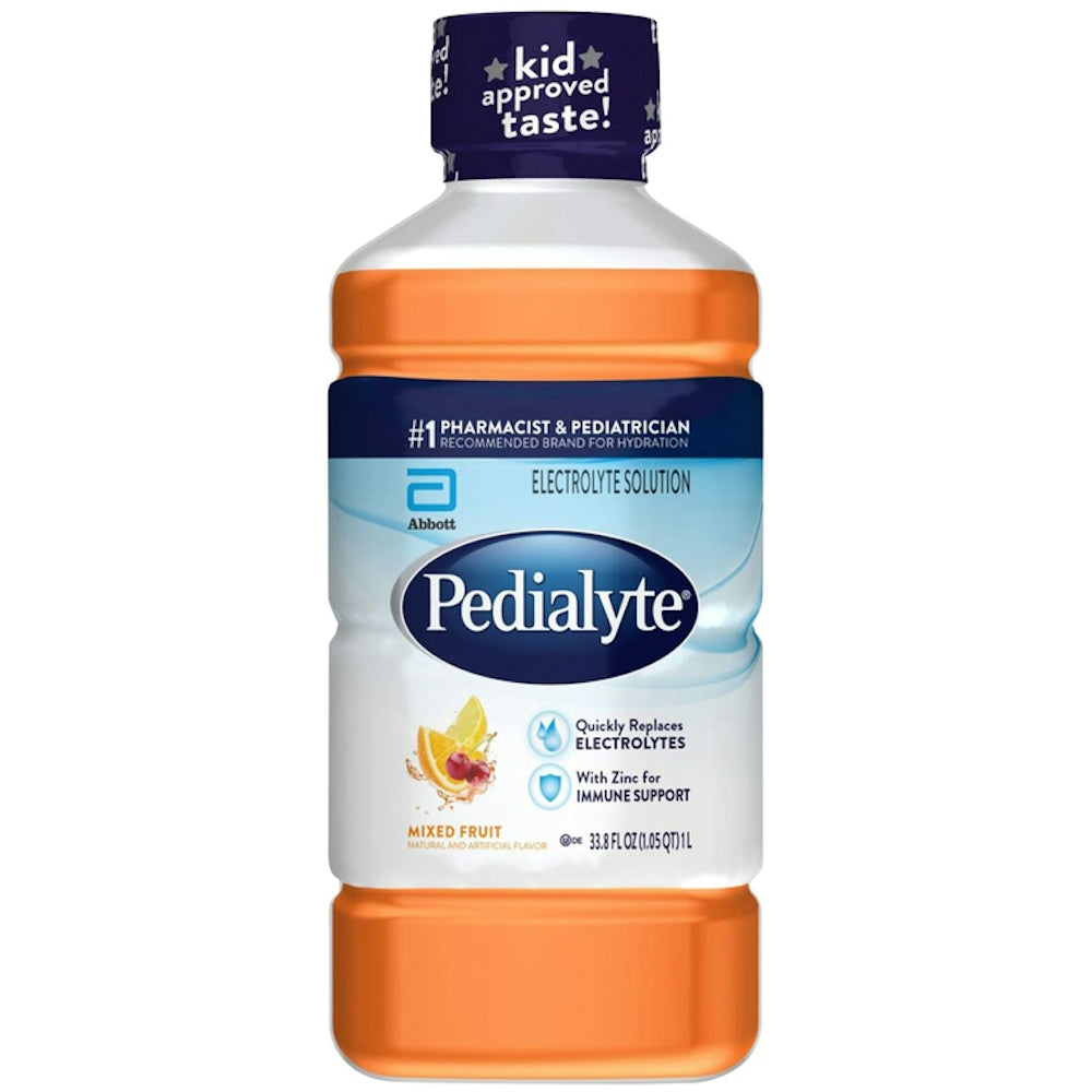 Pedialyte electrolyte solution with mixed fruit flavor in a 33.8 fl oz bottle, suitable for babies, by Pasteur Pharmacy.