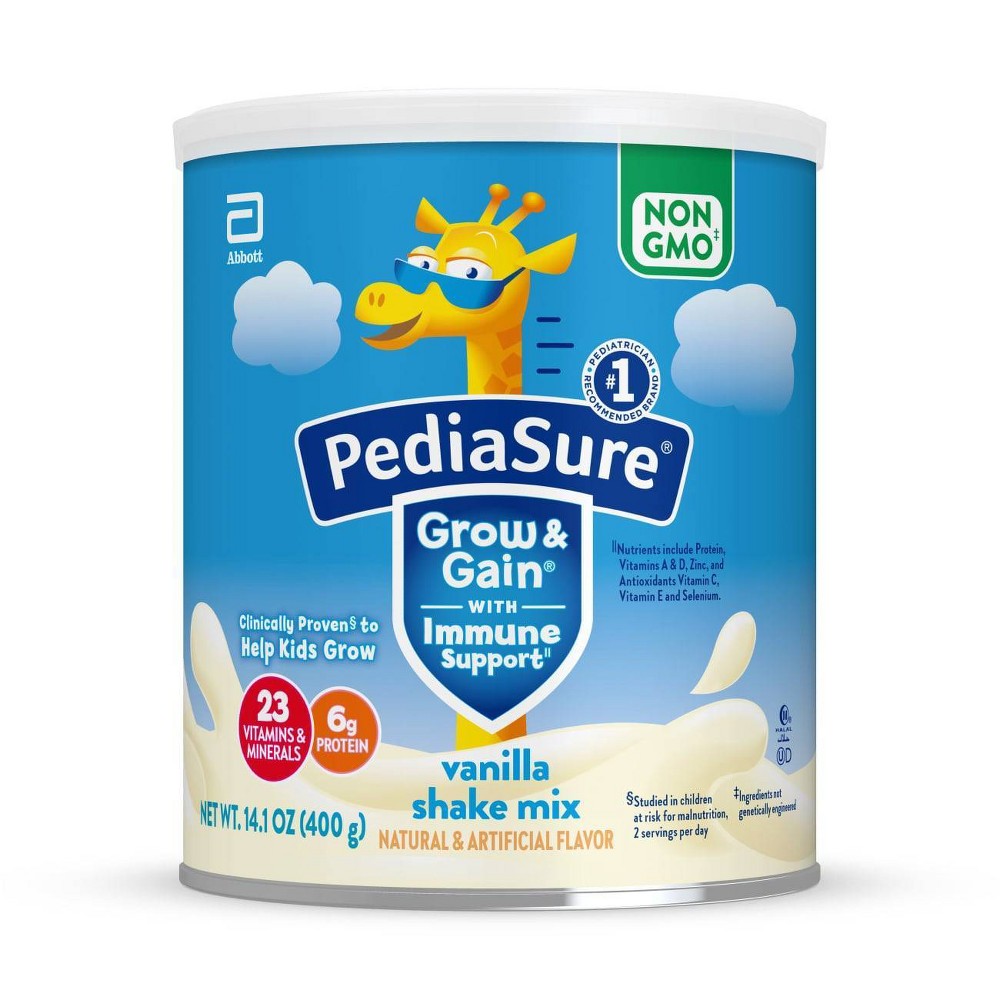 PediaSure G/G Pw baby food 400g vanilla flavor in a jar, from Pasteur Pharmacy, with a white lid and label on the jar.