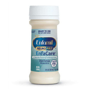Liquid baby formula bottle of Enfamil NeuroPro EnfaCare by Pasteur Pharmacy, 12 oz, with baby feeding illustration on label.