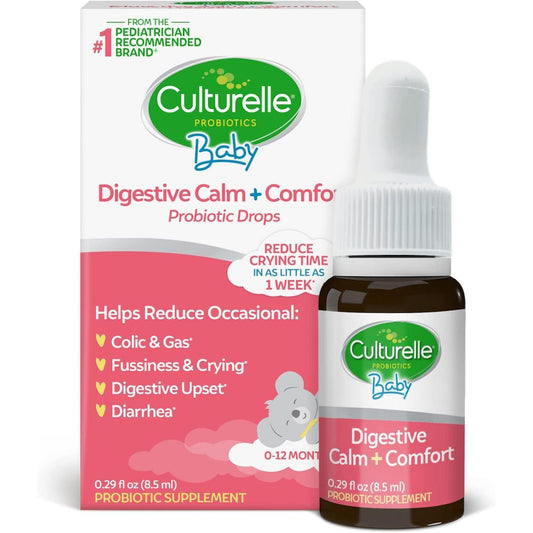 Culturelle Baby Calm + Comfort probiotic and chamomile drops for infants 0-12 months in a 0.29 fl oz bottle.