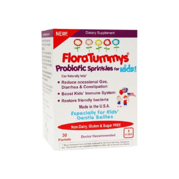 FloraTummys® probiotic sprinkles for kids, a baby health supplement promoting daily digestive and immune support, in a colorful container.