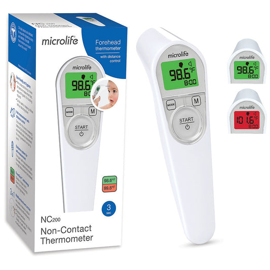 Microlife non-contact forehead thermometer for baby health, showing digital display and infrared sensor in use