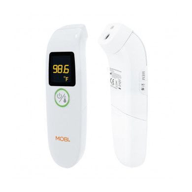Mobi Air non-contact thermometer for baby health by Pasteur Pharmacy, showing digital display and infrared sensor.