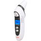 Pasteur Pharmacy Mobi Prime baby thermometer showing ear and forehead readings with food and bottle measurement options.