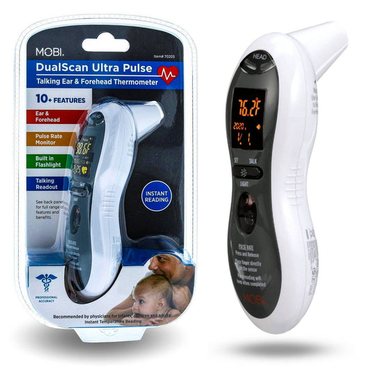 Mobi Technologies DualScan Ultra Pulse digital thermometer for babies, showing ear and forehead measurement with heart rate display.