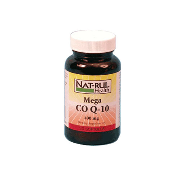 Natrul Health Mega Co-Enzyme Q-10 400 Mg soft gels for baby health, shown in clear soft gel capsules with label.