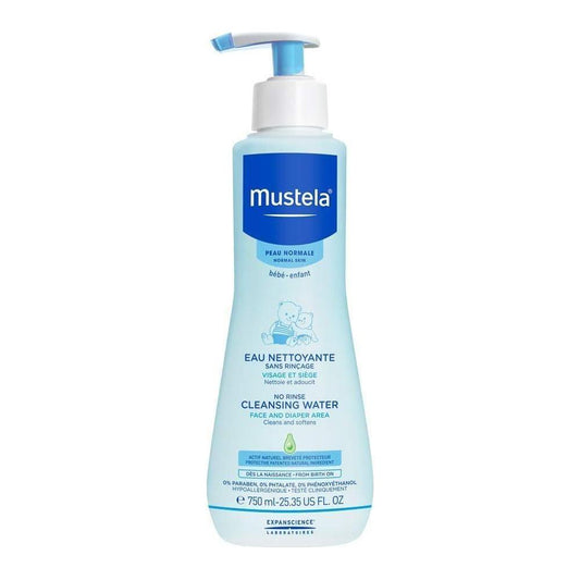 Mustela No Rinse Cleansing Baby Micellar Water in 25.35 fl oz bottle, gentle formula for baby skincare, displayed in the image.