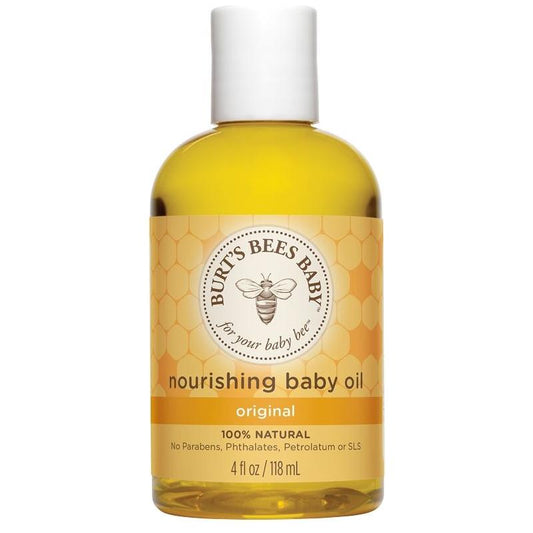 Burt's Bees Baby Nourishing Baby Oil 4oz bottle with clear label and pump dispenser, suitable for gentle baby skin care