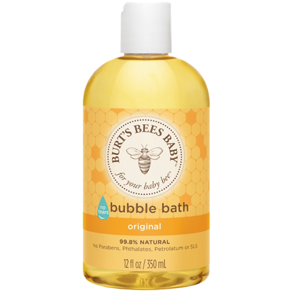 Burt's Bees Baby Bee Bubble Bath in a 12oz bottle, tear-free formula for gentle baby skincare, displayed in a clean, soft-colored setting.