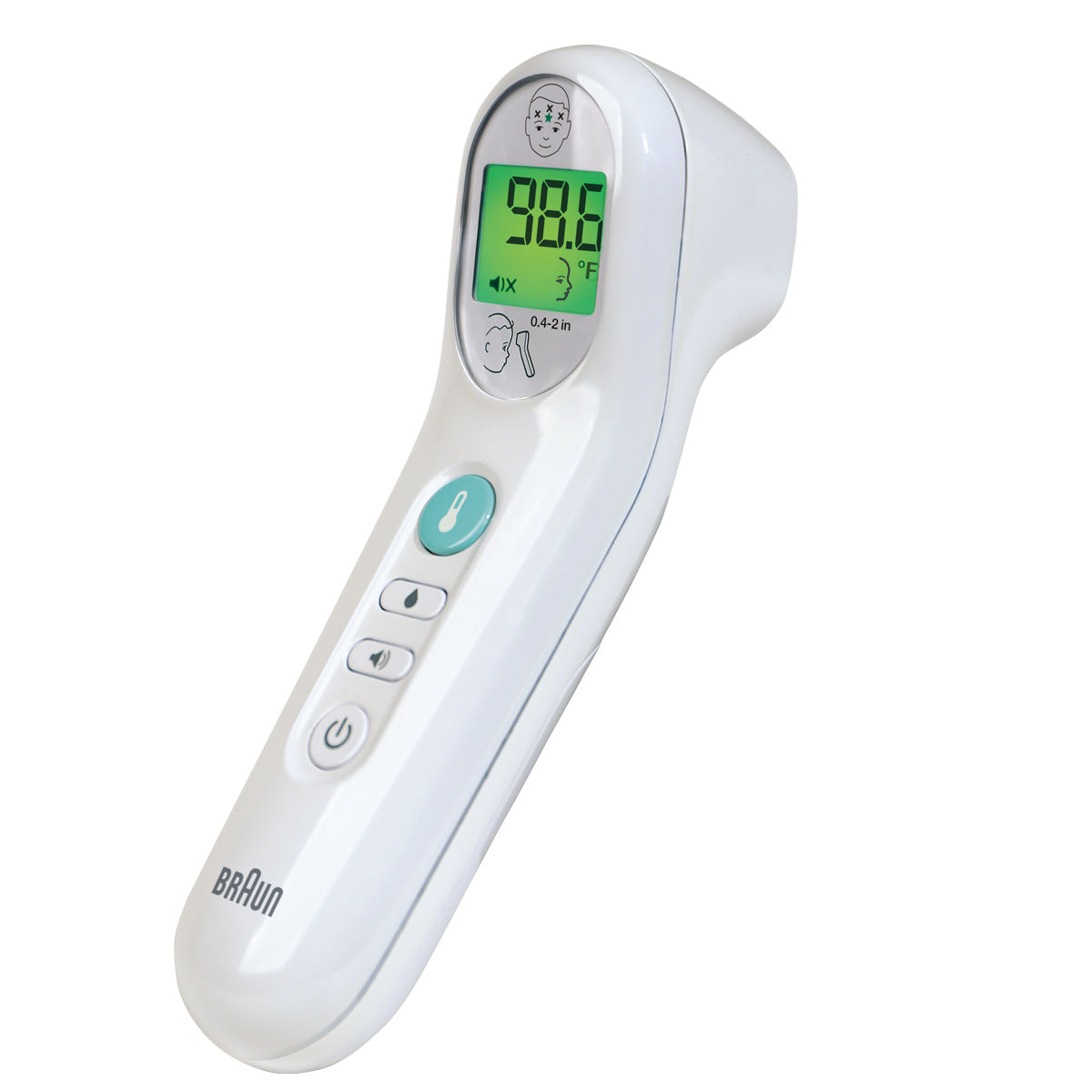 Braun No Touch 3-in-1 Digital Thermometer for babies, model BNT100US, white, showing measurement display and sensor tip.