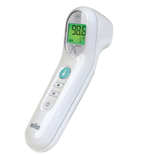 Braun No Touch 3-in-1 Digital Thermometer for babies, model BNT100US, white, showing measurement display and sensor tip.