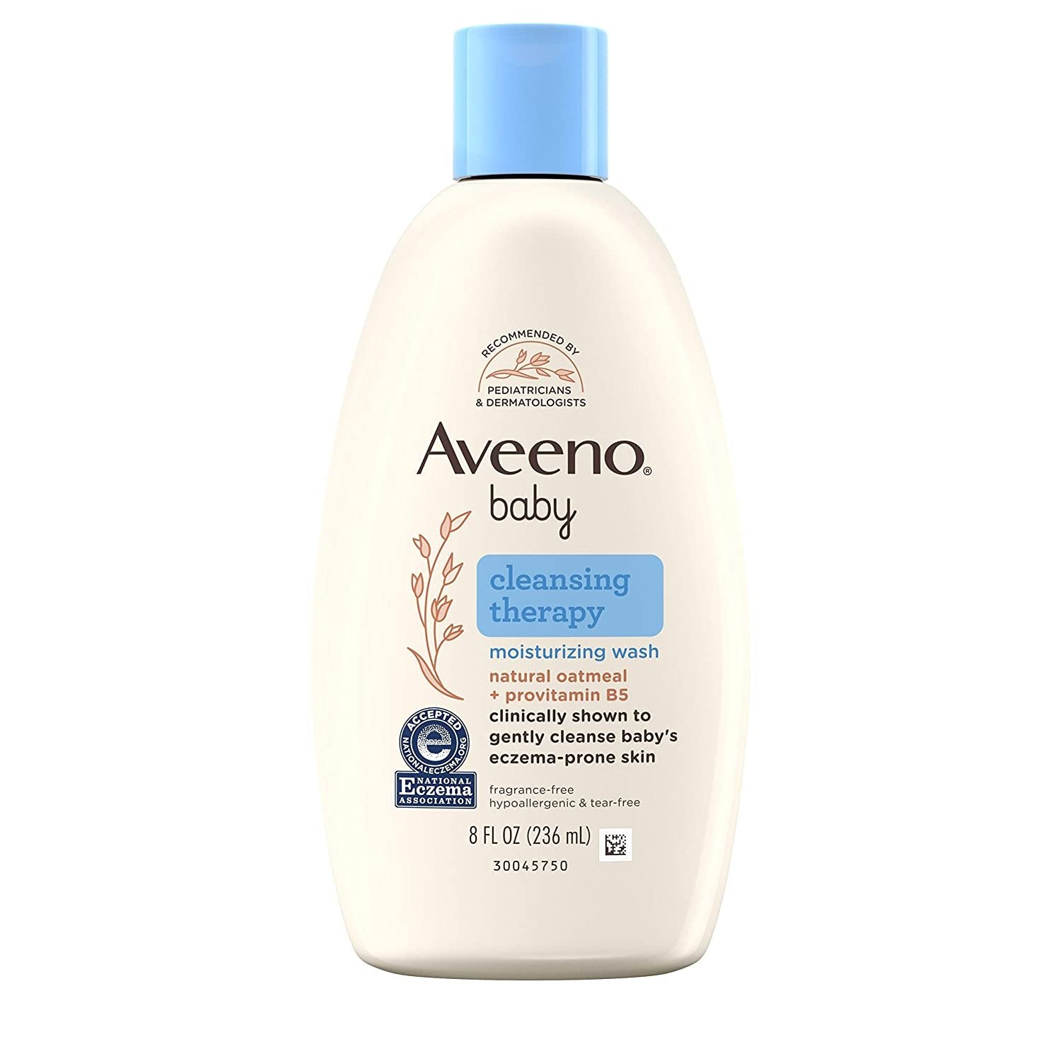 Aveeno Baby Moisturizing Wash for babies and toddlers, 8 fl oz, gentle cleansing therapy in a clear bottle with a white cap.