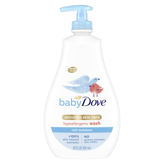 Baby Dove Sensitive Skin Care Wash with rich moisture, 20 oz, gentle for babies and toddlers, ideal for sensitive skin.