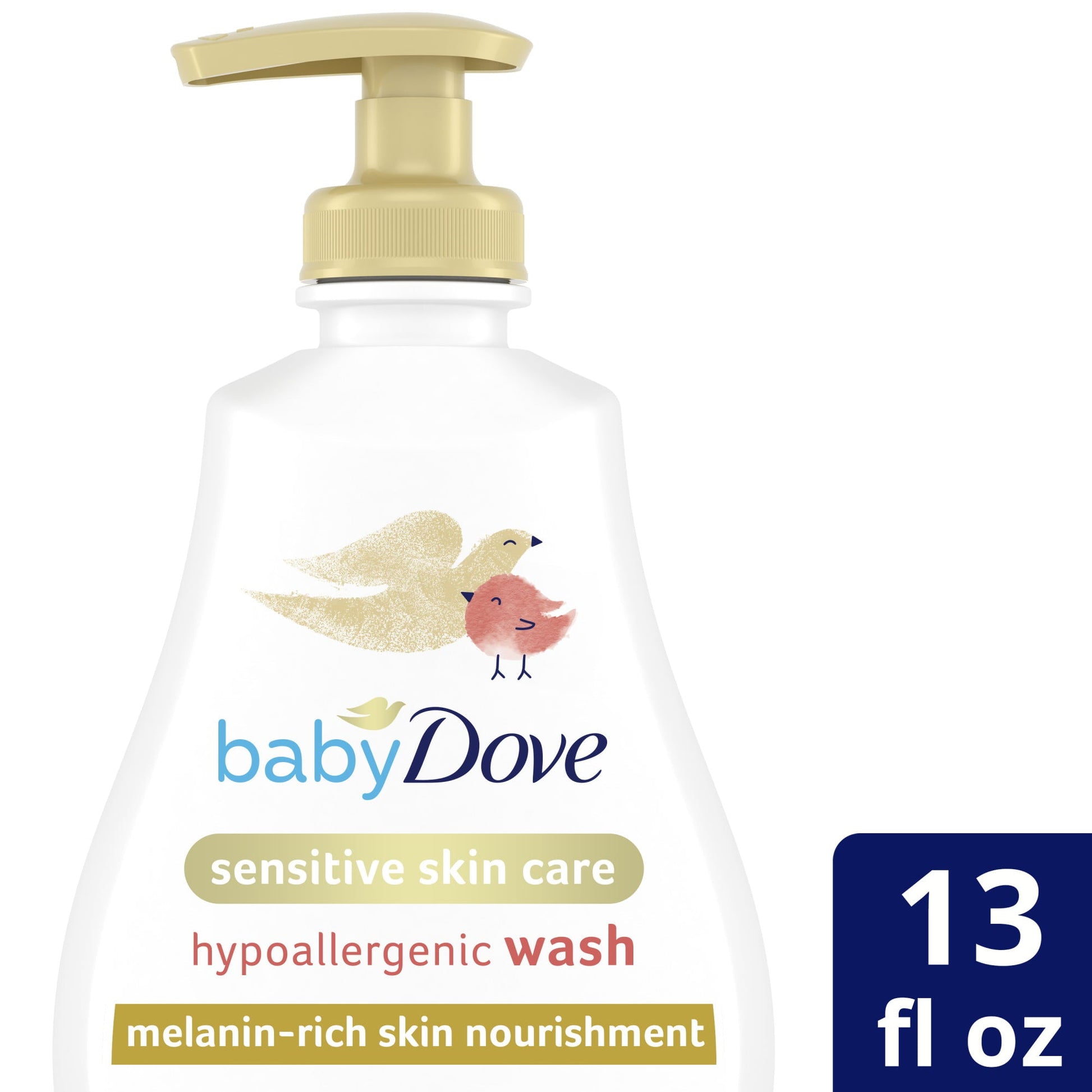 Baby Dove Sensitive Wash for bath time, gentle cleanser for melanin-rich skin, 13 oz bottle, suitable for babies and toddlers.