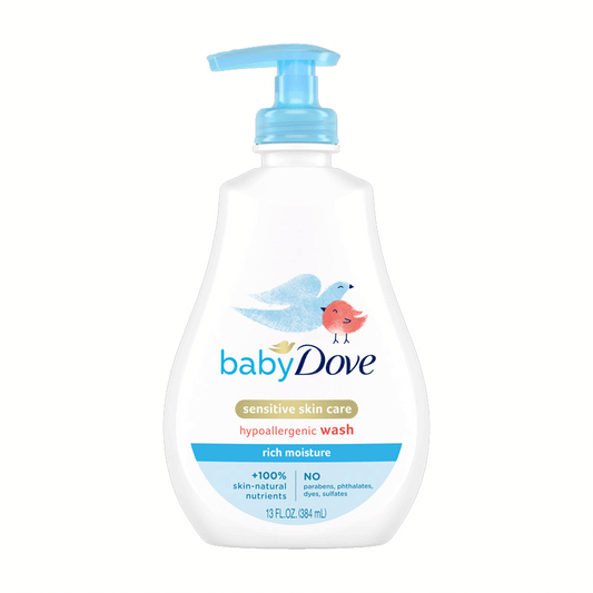 Baby Dove Tip To Toe Wash in a 13-ounce pump bottle, with rich moisture formula for gentle baby skincare.