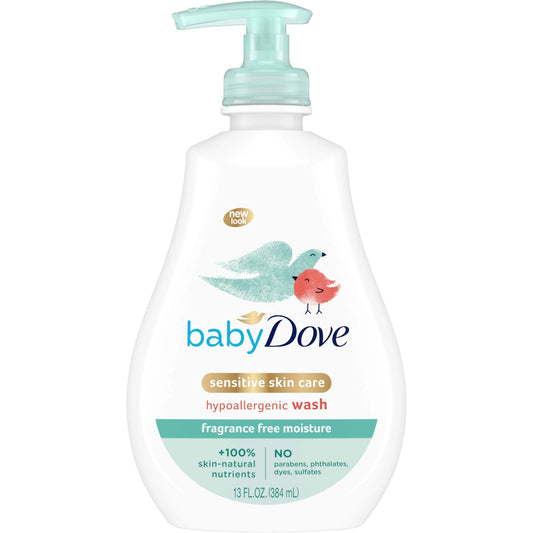 Baby Dove Tip To Toe Wash for sensitive skin, fragrance-free, in a 13 oz bottle, gentle baby & toddler body wash.