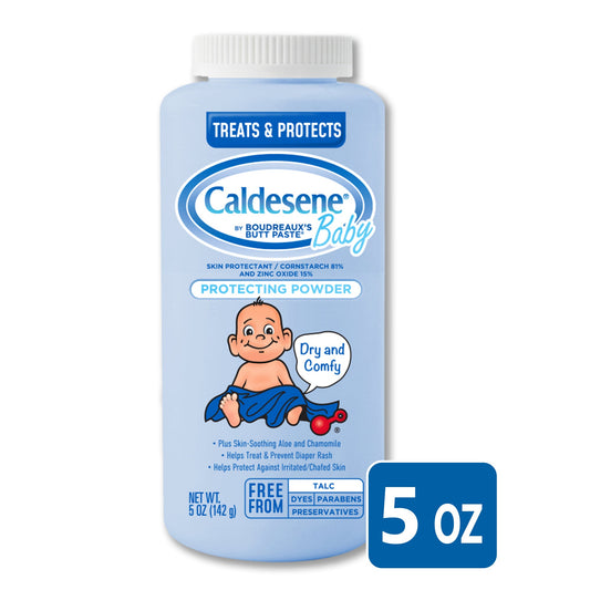Caldesene Baby Cornstarch Powder with Zinc Oxide in 5 oz container, for soothing baby skin and diaper rash relief.