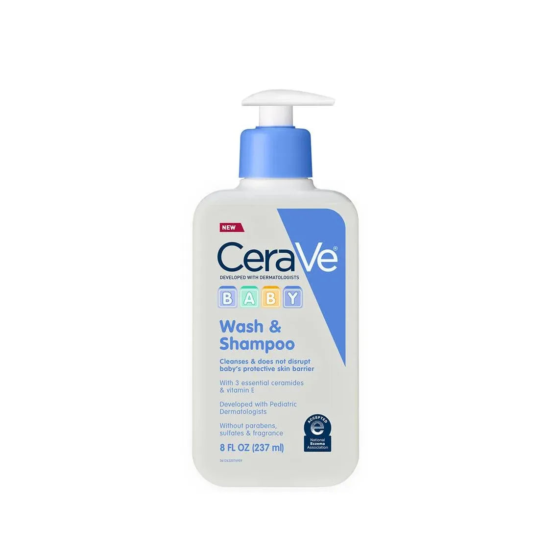 CeraVe Baby Wash & Shampoo in an 8 oz bottle, gentle cleanser and shampoo for babies and toddlers with soothing formula.