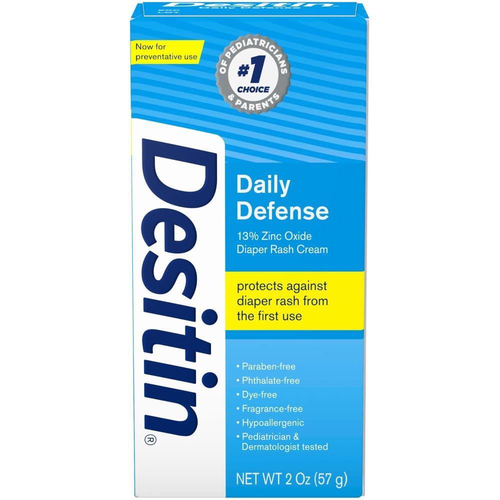 Desitin Daily Defense 13% Zinc Oxide Diaper Rash Cream for babies in 2 oz tube, designed to soothe and protect sensitive skin.