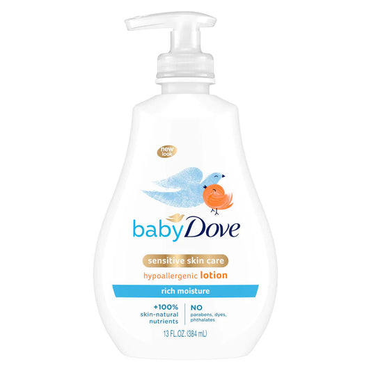 Dove Baby Rich Moisture hypoallergenic lotion for sensitive skin, 13oz bottle in a baby and toddler skincare setting