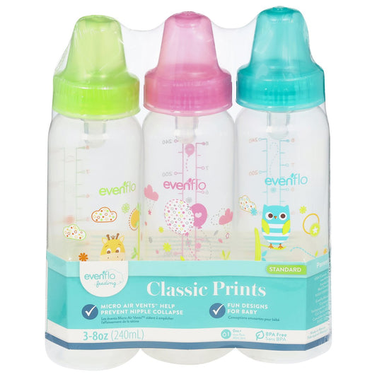 Evenflo baby feeding bottle with classic prints, 8-ounce size, suitable for infants 0 months and older, by Pasteur Pharmacy.