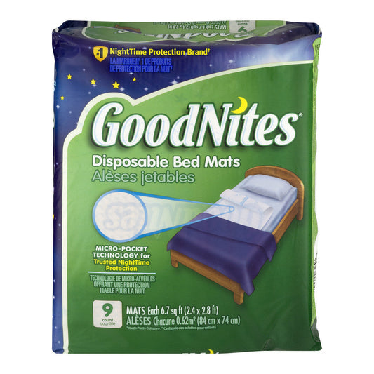 GoodNites disposable bed mats for babies and toddlers, measuring 2.4 x 2.8 feet, with absorbent material and waterproof backing.