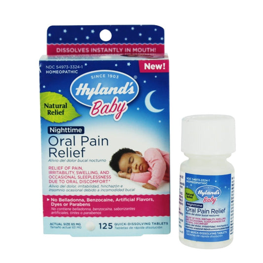 Hyland's Baby Oral Pain Relief Nighttime Tablets for babies and toddlers, 125-count, packaged in a box with tablets inside.