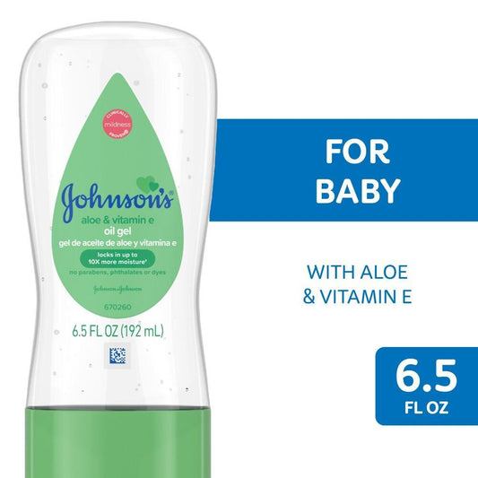 Johnson's Baby Oil Gel with Aloe Vera and Vitamin E in 6.5 Fl Oz container, suitable for baby and toddler skincare.