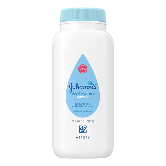 Johnson's Baby Powder with pure cornstarch, soothing aloe and vitamin E, in a white bottle with a pink cap, for baby and toddler care.