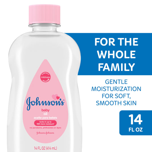 Johnson's Baby Pure Mineral Oil bottle, original formula, 14 fl oz, for baby skincare, displayed on a clean background