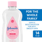 Johnson's Baby Pure Mineral Oil bottle, original formula, 14 fl oz, for baby skincare, displayed on a clean background