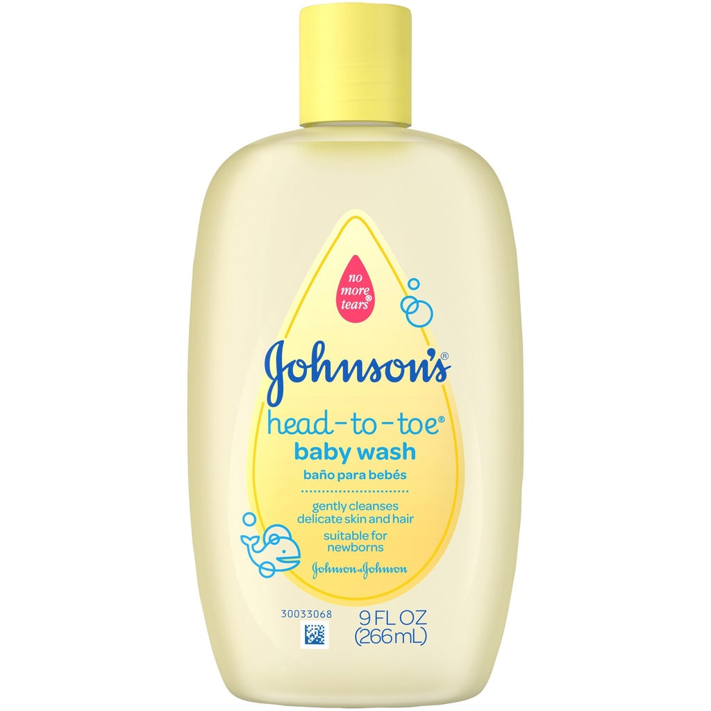 Johnson's Head To Toe Baby Wash for gentle cleansing, 9 fl oz, in a clear bottle with a soft baby-themed label.