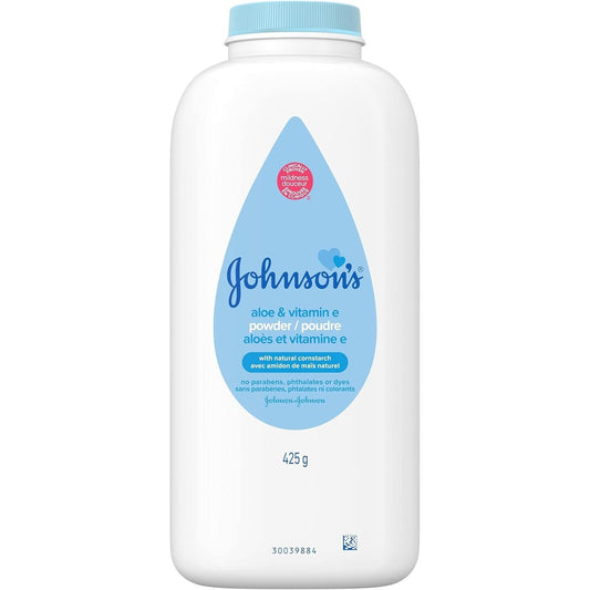 Johnson's Pure Cornstarch Baby Powder with Aloe and Vitamin E in a 15 oz container for babies and toddlers.