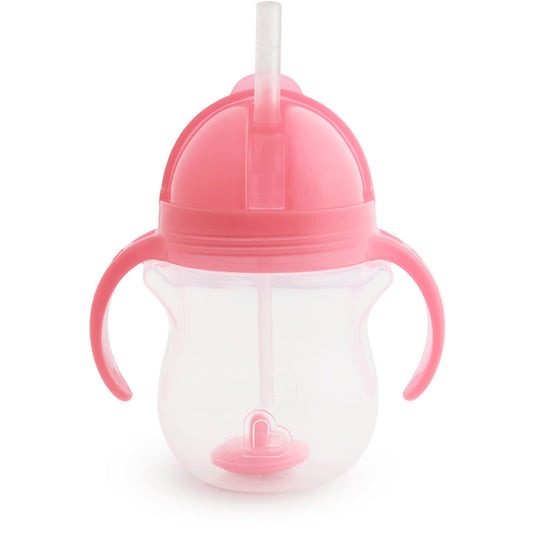 Baby and toddler Munchkin Any Angle Click Lock Weighted Straw Trainer Cup with handles and clear body showing liquid level.