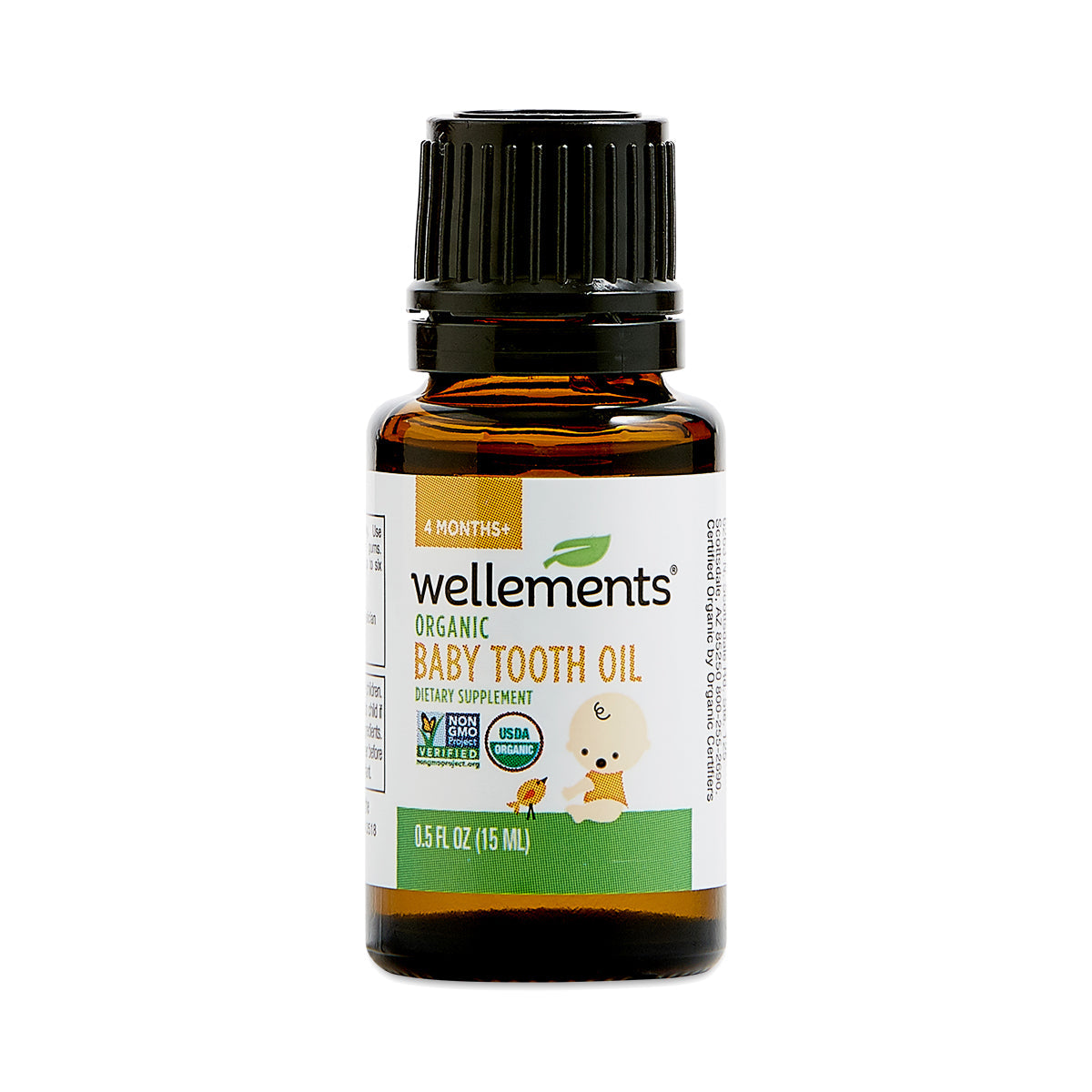 Wellements Organic Baby Tooth Oil bottle for infants and toddlers, 0.5 Fl Oz, natural baby dental care product.