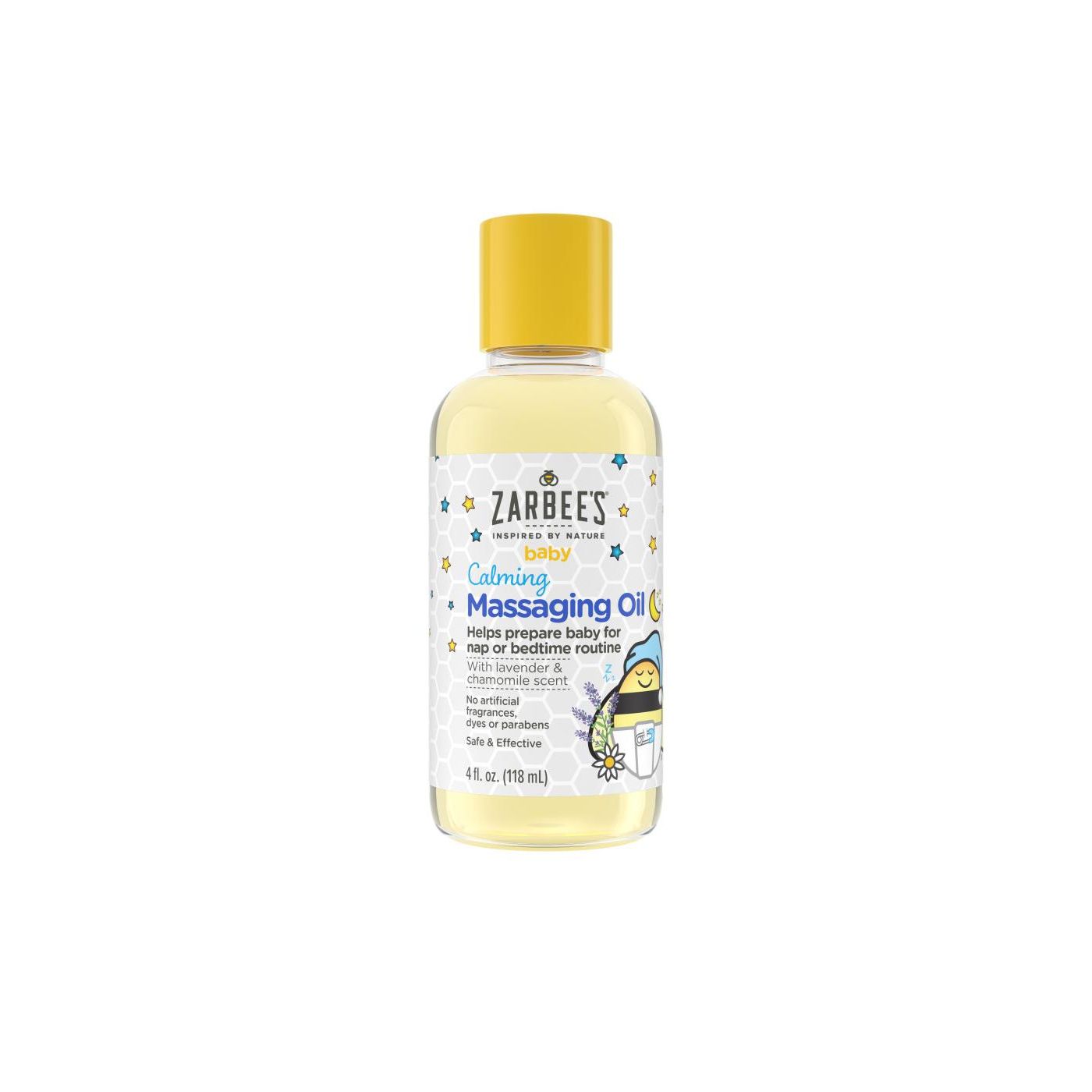 Zarbee's Naturals Baby Calming Massage Oil in a 4 Fl Oz bottle, gentle for baby and toddler skin, from Pasteur Pharmacy.