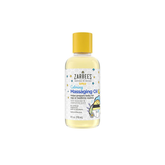 Zarbee's Naturals Baby Calming Massage Oil in a 4 Fl Oz bottle, gentle for baby and toddler skin, from Pasteur Pharmacy.