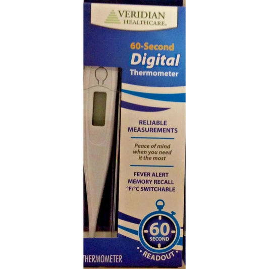 Veridian Healthcare 60-Second Digital Thermometer for babies and toddlers, showing a digital display and a blue thermometer probe.