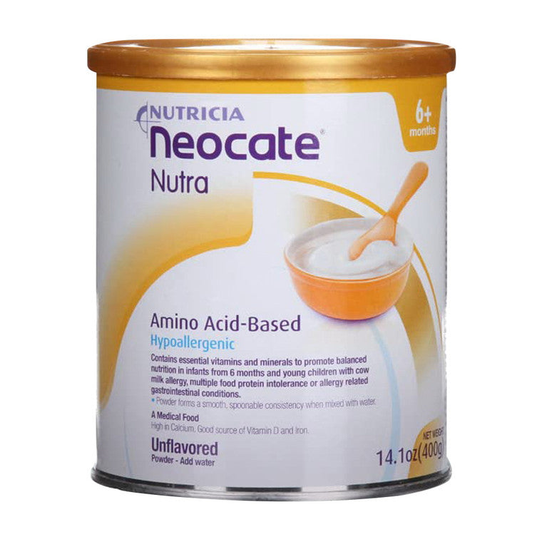 Unflavored Neocate Nutrica amino acid-based powder for babies and toddlers in a 14 oz container with a white label.