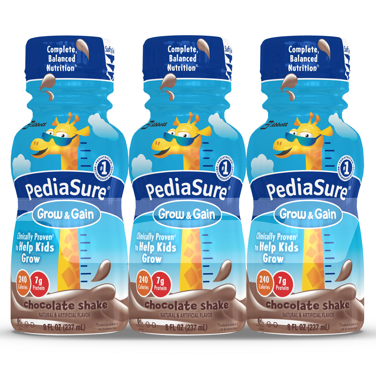 Chocolate PediaSure Grow & Gain kids' nutritional shake bottles, 24-pack of ready-to-drink 8 fl oz bottles, from Pasteur Pharmacy.