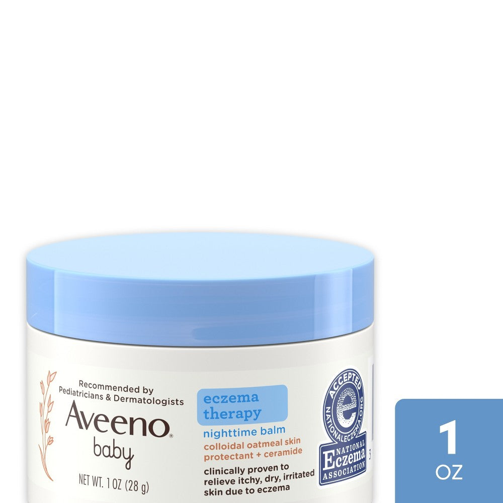 Aveeno Baby Eczema Therapy Nighttime Balm 1 Oz in a tube, designed for soothing baby skin, with soft, gentle packaging.