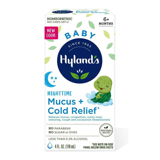 Hyland's Naturals Baby Nighttime Mucus and Cold Relief Syrup bottle, 4 fl oz, suitable for infants and toddlers.
