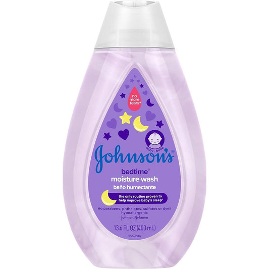 Johnson's Bedtime Moisture Wash for Baby and Toddler, 13.6 Fl Oz, in a baby and toddler furniture setting.