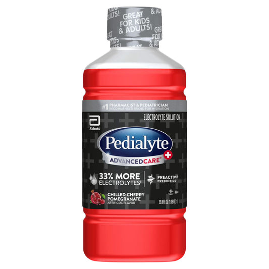 Bottle of Pedialyte Advanced Care Plus electrolyte solution drink in cherry pomegranate flavor, 33.8 fl oz, for babies and toddlers.