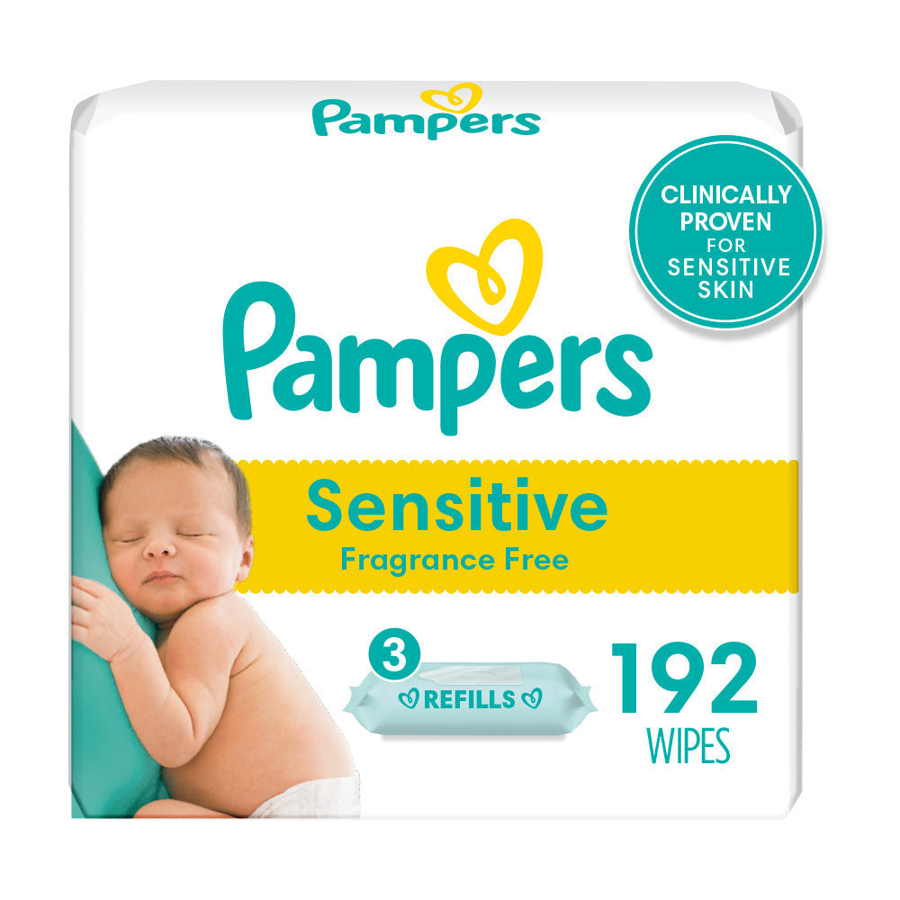 Pampers Sensitive Baby Wipes refill pack with 192 fragrance-free, hypoallergenic baby wipes for gentle cleaning.