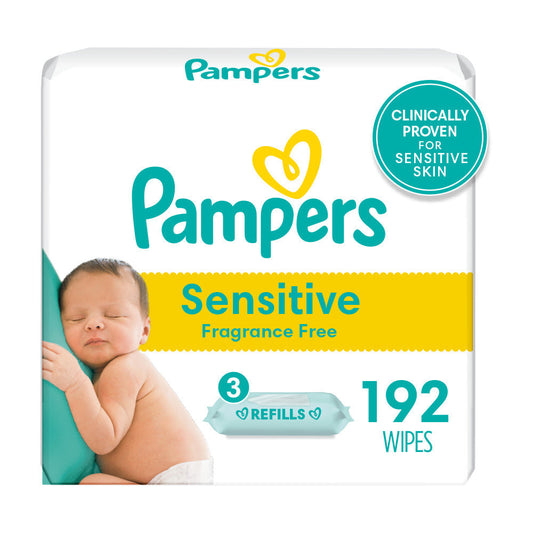Pampers Sensitive Baby Wipes refill pack with 192 fragrance-free, hypoallergenic baby wipes for gentle cleaning.