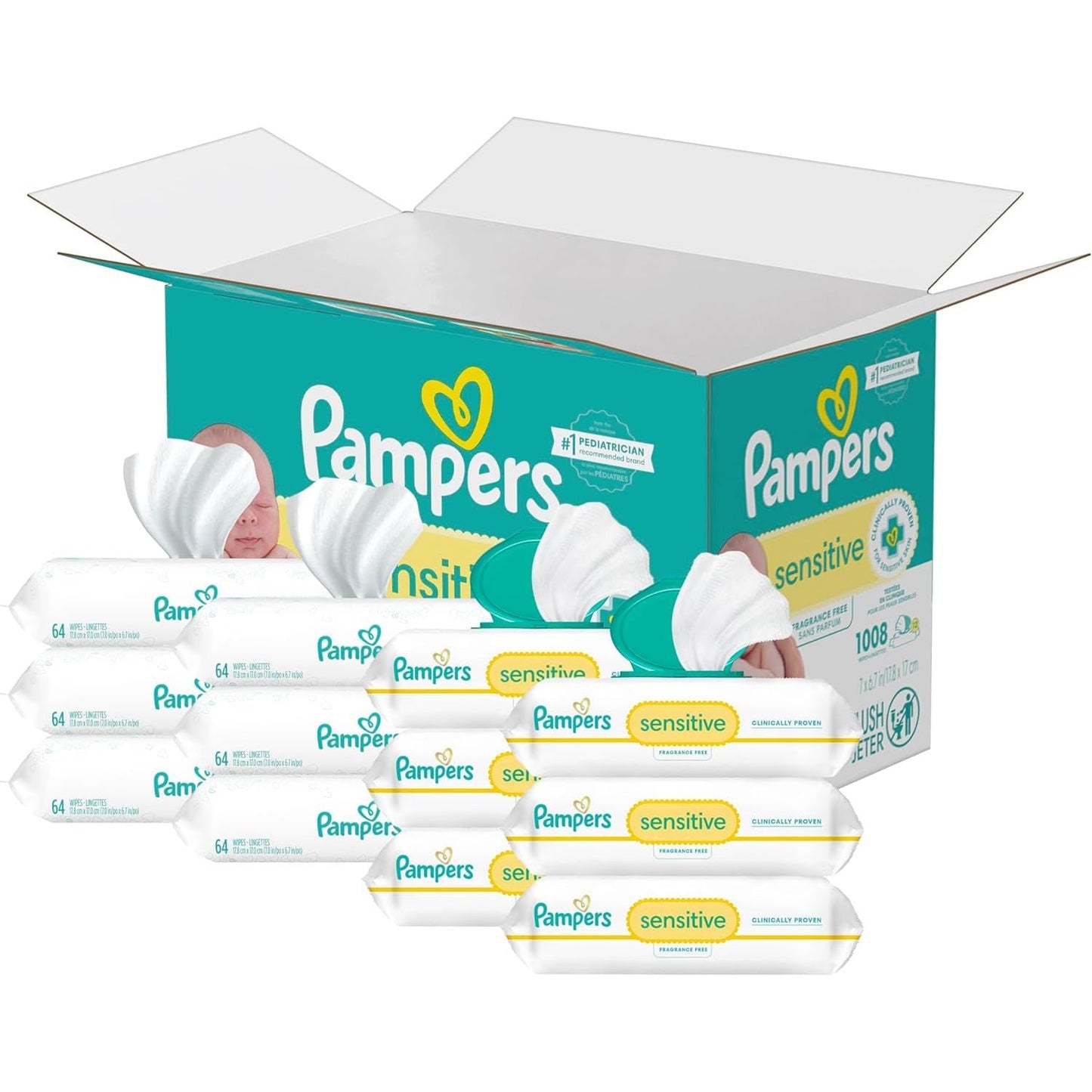 Pampers Sensitive Baby Wipes by Pasteur Pharmacy, water-based, hypoallergenic, unscented, 8 flip-top packs with 4 refills, 1008 wipes total.