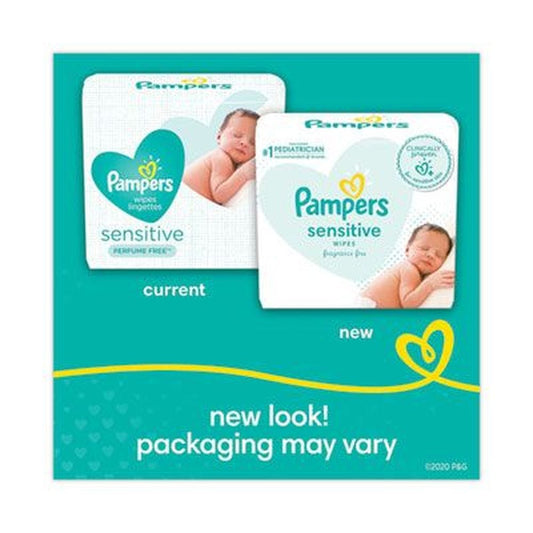 Pampers Sensitive water-based baby wipes in a 56-count unscented pack, pop-top for easy use, designed for gentle baby skin.